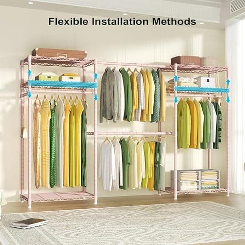 Ulif E1 Heavy Duty Closet Garment Rack, 6 Tiers Adjustable Metal Freestanding Expandable Clothing Storage with 4 Hanger Rods, Easy to Assemble Wardrobe, 71.4" H x (70" - 88.2") L x 14" D, Pink thumbnail 5