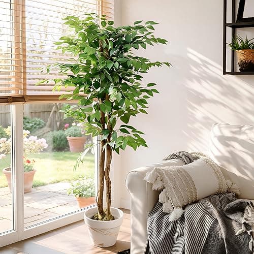 VECELO Ficus Tree Artificial 6 Feet, Tall Faux Tree in Pot, Fake Floor Plant with Realistic Tree Branch & Silk Leaves for Home Office Indoor Decor - Image 1