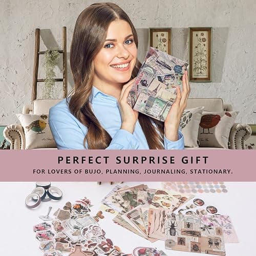 212 Pcs DIY Vintage Journal Set for Women Gifts Scrapbook Diary Supplies including Aesthetic Bullet Journals, Scrapbook Paper, Washi Stickers, Tape, Dot Stickers thumbnail 7