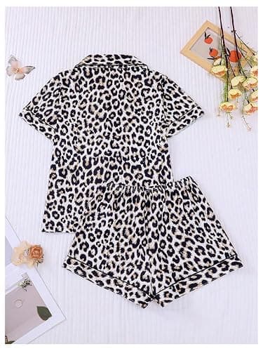 BEAUDRM Women's Two Piece Pajama Sets Allover Print Short Sleeve Sleepwear Button Down Shirt and Bow Shorts Pj Set Loungewear thumbnail 2