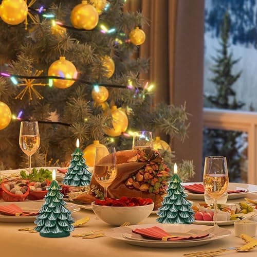 KunSwenn Christmas Tree Candles, 2 Pack Real Wax Christmas Tree Shaped Flameless Candles Battery Operated with 6H Timer, Green LED Flameless Candlesticks Imitate Snow Design for Christmas Winter Decor thumbnail 2