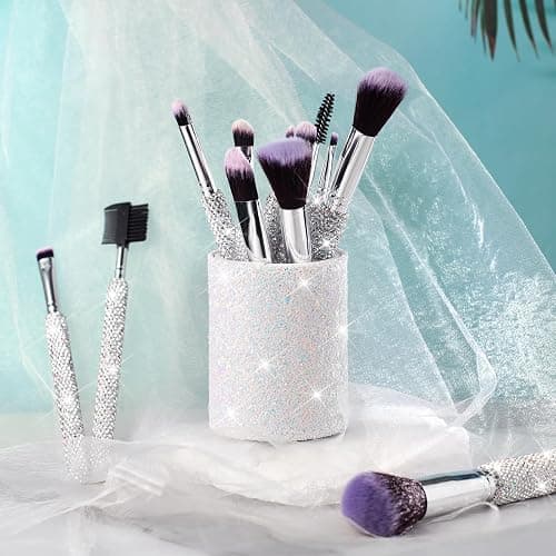 Nuogo 13 Pcs Rhinestone Makeup Brushes Set 12 Bling Crystal Professional Face Cosmetics Blending Liquid Foundation Powder Concealer Eye Shadows Make up Beauty Tool Glitter with 1 Holder thumbnail 7