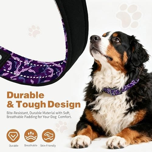 Kazazoo Heavy Duty Tactical Dog Collar Nylon Adjustable Reflective Dog Collar Soft Neoprene Padded for Small&Medium Dog, Purple Camo M thumbnail 3