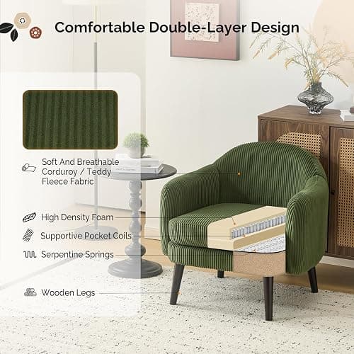 VINGLI 30.3" Wide Modern Barrel Accent Armchairs Set of 2 with Track Armrest, Solid Wooden Legs, Comfy Upholstered Club Chairs, Single Home Sofa for Living Room, Bedroom, Reading Room, Corduroy Green thumbnail 3