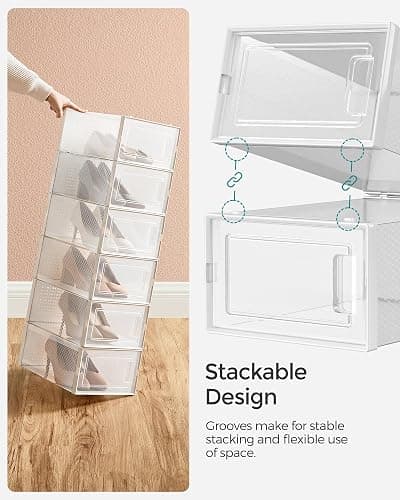 SONGMICS Shoe Boxes, Pack of 12 Shoe Storage Organizers, Stackable Clear Plastic Boxes for Closet, Sneakers, 13.1 x 9.1 x 5.6 Inches, Transparent and White ULSP12SWT thumbnail 5