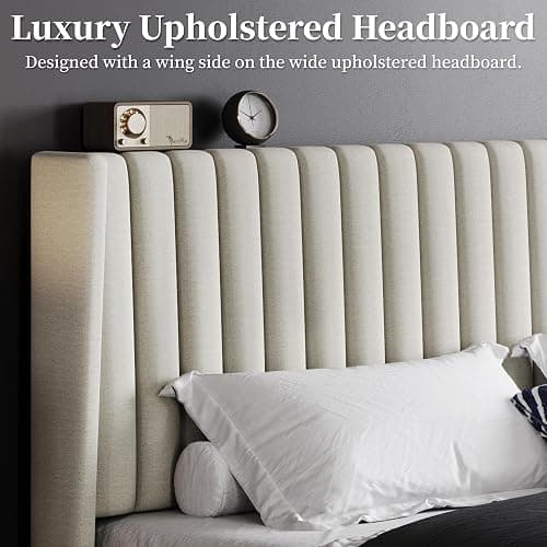 Yaheetech King Bed Frame Upholstered Platform Bed with Fabric Headboard, Wing Edge Design/Non-Slip and Noise-Free/Wooden Slats Support/No Box Spring Needed/Easy Assembly, Ivory King Bed thumbnail 8