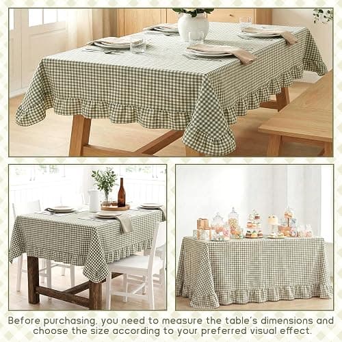 Mindsoft Sage Green Gingham Ruffled Tablecloth,52 x 70 Inches,Rectangle | Decorative Checkered Plaid Table Cloth, Washable Cotton Linen, Vintage Farmhouse Table Cover for Picnics Dining Party Decor thumbnail 3