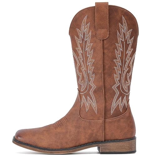 IUV Cowboy Boots For Women Square Toe Wide Western Boots Mid Calf Cowgirl Boots Pull On Embroidered Brown Cowboy Boots thumbnail 3