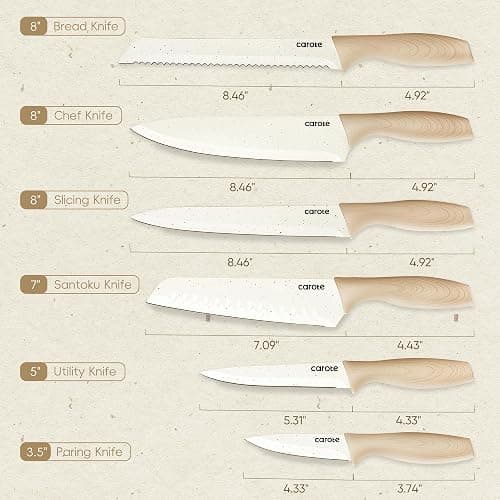 CAROTE 12PCS Knife set with Blade Guards,Granite Nonstick Ceramic Coating,Stainless Steel blade, Wood Grain Handle, Essential knife set,White thumbnail 2