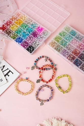 1300PCS 8mm Mixed Crackle Glass Beads for Bracelets Making with Accessories, 48 Colors Crystal Glass Beads Jewelry Making Kit, Round Beads for DIY Bracelet Crafts thumbnail 5