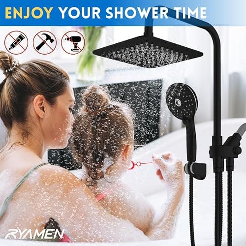 Ryamen Dual Shower Head Combo, 8'' High Pressure Rain Shower Head with Handheld Spray, 6 Settings Handheld Showerhead, 15" Height Adjustable Slide Bar, Angle Adjustable, Matte Black thumbnail 7