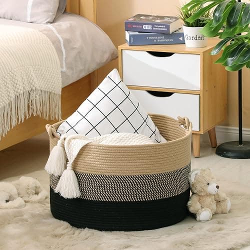 KAKAMAY Large Blanket Basket (20"x13"),Woven Rope Baskets for storage Baby Laundry Hamper, Cotton Rope Blanket Basket for Living Room, Laundry, Nursery, Pillows,Baby Toy chest (Jute/Black) thumbnail 4