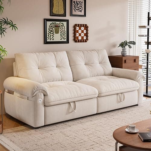 howcool Queen Sleeper Sofa Bed, 77" Pull Out Couch | 3-in-1 Convertible Sofa Bed, Loveseat Sleeper with USB Charging Ports for Living Room, Velvet Fabric, RV-Friendly, Beige - Image 1