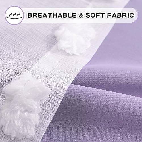 MYSKY HOME Girls Curtains for Bedroom Lilac Curtains 90 Inches Long Nursery Curtains White Pom Pom Sheer Curtains for Dining Room Grommet Double Layer Toddler Room Darkening Window Panels W52 X L90 thumbnail 5