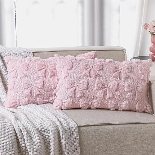 Mixweer Bow Pillow Covers Set of 2 Coquette Room Decor Cute Faux Fur Soft Bowknot Preppy Stuff Fluffy Plush Aesthetic Pillow Covers for Bed Sofa Couch, Fall Christmas Decor(12 x 20 Inch,Pink) - Image 1