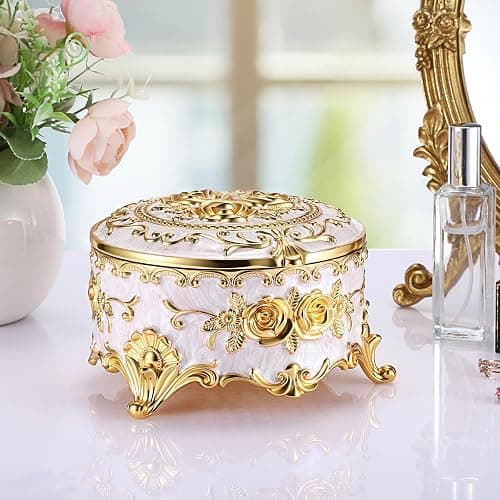 Hipiwe Round Jewery Box Metal Trinket Organizer Decorative Keepsake Box for Trrasure Ring Earring Holder Vintage Jewelry Display Case, Beige, 5.7" L x 5.1" W x 3.5" H thumbnail 6
