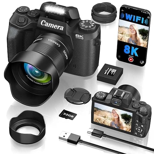 8K Digital Camera for Photography, WiFi & 4" Touch Screen Vlogging Camera for YouTube with Dual-Lens, 64MP Vlog Cameras 16X Digital Zoom with 32GB TF Card, 3000mAh Battery, Lens Hood, Black - Image 1