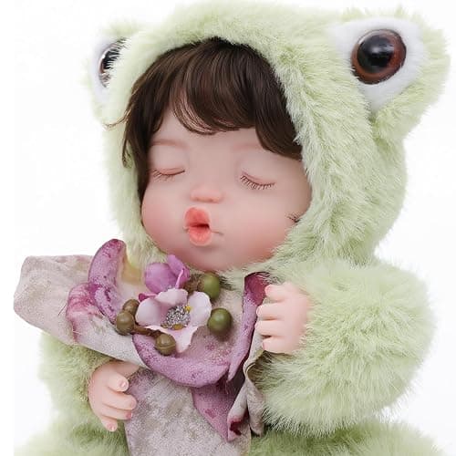 Reborn Baby Doll 10 Inch – Realistic Vinyl Sleeping Girl in Soft Green Frog Outfit – Comfort Doll Gift for Girls & Collectors thumbnail 5