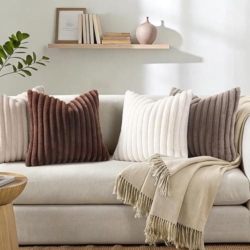Simmore Faux Fur Couch Throw Pillow Covers 18x18 Set of 2, Decorative Soft Striped Plush Pillow Covers with Velvet Back for Sofa Bed Living Room, Chocolate thumbnail 5