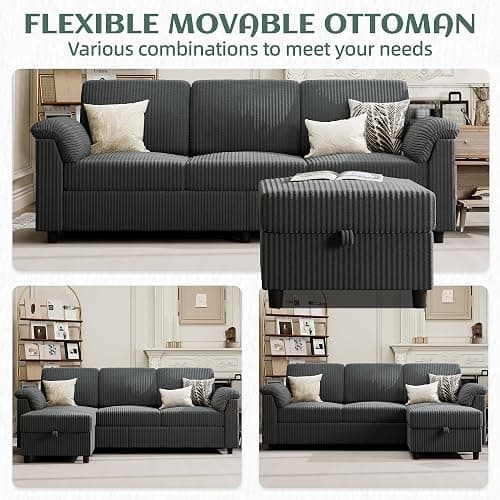Vongrasig Convertible Sectional Sofa Couch, 3 Seat L Shaped Sofa with Removable Pillows Soft Corduroy Fabric Small Couch Mid Century for Living Room, Apartment and Office (Gray) thumbnail 7
