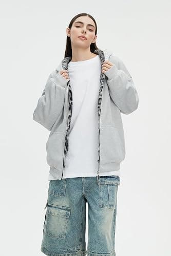 Ponitrack Vintage Leopard Print Jacket Y2k Reversible Zip Up Jacket Baggy Long Sleeve Hoodie Grunge Streetwear Unisex thumbnail 7