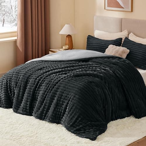 BEDELITE Fleece King Comforter Set -Super Soft & Warm Fluffy Black Bedding, Luxury Fuzzy Heavy Bed Set for Winter with 2 Pillow Cases - Black - King thumbnail 2