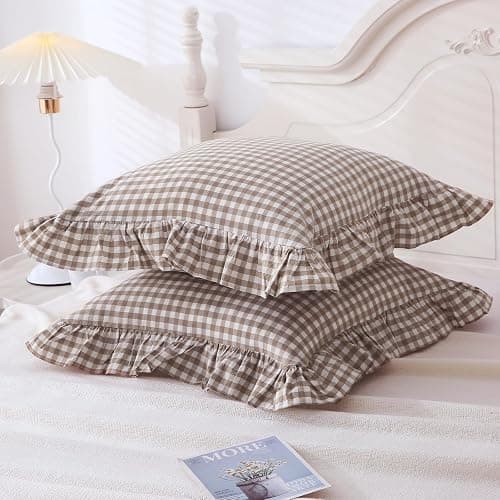 Mywinlle Taupe Plaid Ruffle Decorative Throw Pillow Covers for Couch 20"x20",2 Pack Vintage Checkered Washed Cotton Pillowcases for Bed, Sofa, Living Room thumbnail 3