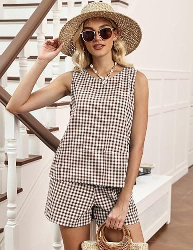 LOMON Women's Trendy 2 Piece Outfits Shorts Sets Summer Crew Neck Sleeveless Tank Top and Bottom Matching with Pockets 2026 thumbnail 2