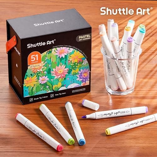 Shuttle Art Pastel Alcohol Markers Brush tip, Dual Tip Brush & Fine Tip Art Marker Set, 50 Colors plus 1 Blender Marker Pens with Case Perfect for Illustration Kids Students Adults Coloring Sketching thumbnail 8