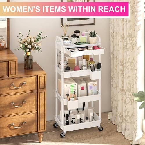 Goovilla 4 Tier Rolling Utility Cart Organizer with Removable Drawer, Stable and Sturdy White Rolling Storage Carts with 2 Lockable Wheels for Bathroom, Kitchen, Snack, Craft, Makeup, Baby Essentials thumbnail 5