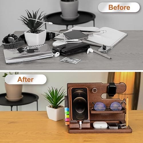 TESLYAR Wood Phone Docking Station for Men - Desk or Nightstand Organizer - Birthday Gifts for Husband, Dad - Anniversary Idea from Wife - Key Holder, Stand Wallet, Watch & Essentials (Bourbon Brown) thumbnail 3