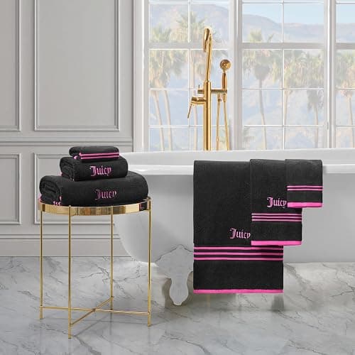 Juicy Couture Black/Hot Pink Border Bath Towels 6-Piece 100% Cotton Bath Towel Set thumbnail 5