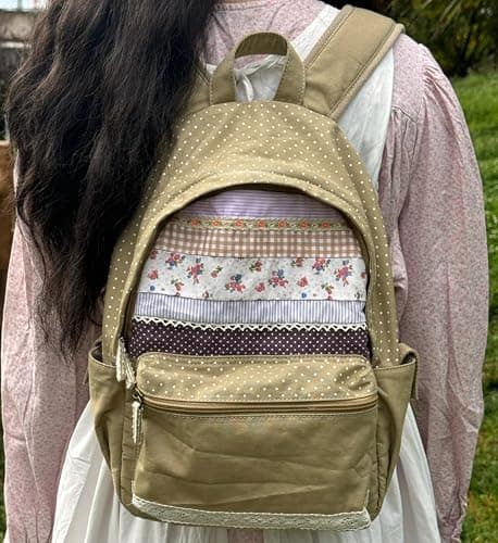Wayolyn Floral Print Backpack Kawaii Polka Dot Print Shoulder Bag Cutecore Lace Canvas Backpack Vintage Shoujo Casual Bags (Brown) thumbnail 2