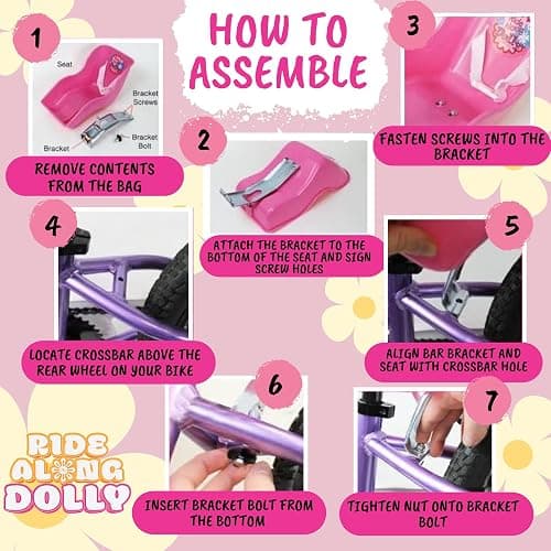 Ride Along Dolly Doll Bicycle Seat- The Original Bike Attachment for 18"-22" Dolls and Stuffed Animals- Decorate Yourself Decals Included, Fits Most Bikes, Birthday (Pink)- Christmas thumbnail 4