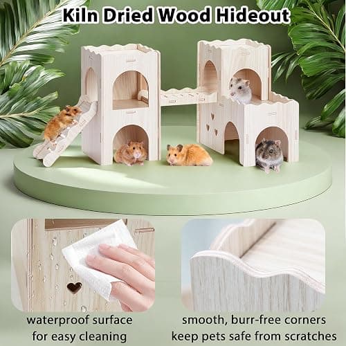 Jevnd Large Hamster Hideout, Wooden Double-Decker Castle with Climb Ladder | Multi Chamber Gerbil Habitat House, With Ladder, Bridge & Balcony, Offers Ample Space for Multiple Hamsters to Explore & Play thumbnail 2