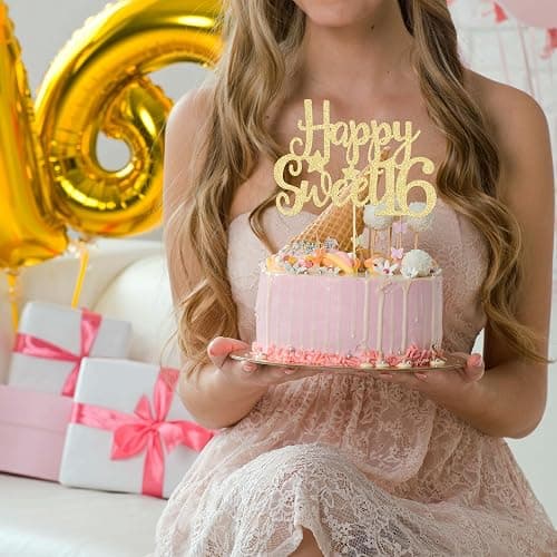 Gyufise 1Pc Happy Sweet 16 Cake Topper Gold Glitter 16th Birthday Cake Topper Sweet 16 Decorations 16th Birthday Decorations thumbnail 7