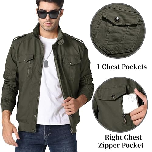 KEFITEVD Men's Jackets Bomber Military Cargo Coat Smart Casual Jacket Stand Collar Cotton Outerwear with Multi Pockets thumbnail 2