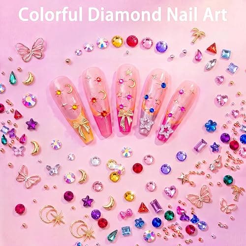Rolybag 10000Pcs Nail Charms and Gems, Y2K 3D Charms Nail Rhinestones | Variety Bows Butterfly Flowers Moon Star Gold Pearls Metal Studs Nail Jewels with Wax Pen & Tweezers for DIY Nail Art Design thumbnail 7