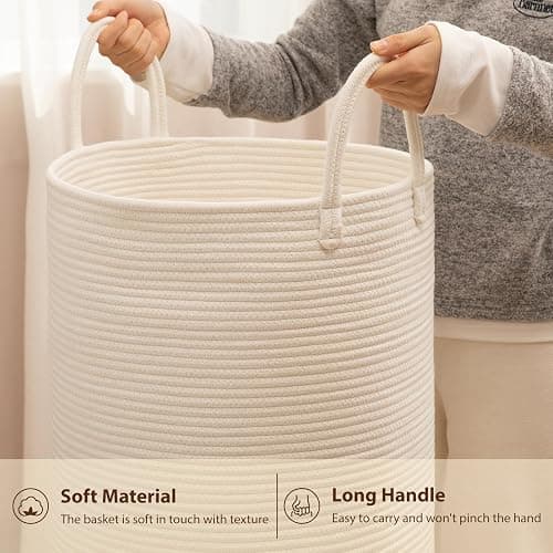 OIAHOMY Large Laundry Basket Hamper - 60L Cotton Rope Woven Basket for Blankets, Toys, Clothes - Tall Decorative Nursery Hamper with Long Handles, White thumbnail 6
