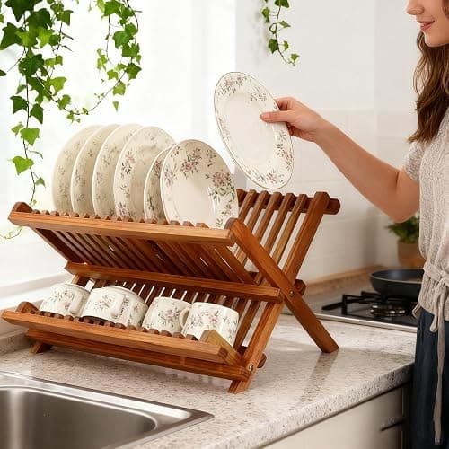 Utoplike Teak Dish Drainer Rack Collapsible 2 Tier Dish Rack Dish Drying Rack Foldable Plate Organizer Holder for Kitchen Compact Countertop thumbnail 2