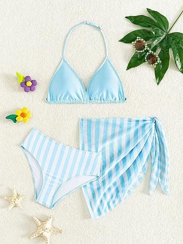 SEGT Girl's 3 Piece Striped Bikini Swimwear Cute Swimsuits Bathing Suit High Waisted with Cover Up Beach Skirt thumbnail 5