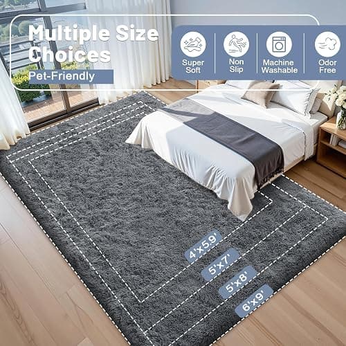 OLANLY Area Rugs for Living Room Bedroom, Machine Washable 4x5.9 ft Soft Fluffy Shaggy Bedside Rug, Indoor Floor Carpet for Kids Girls and Boys, Dorms, Nursery Rooms, Home Decor Aesthetic, Grey thumbnail 9