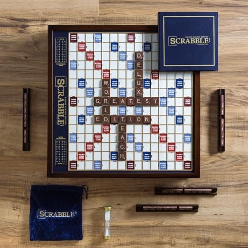 WS Game Company Scrabble Deluxe Edition with Rotating Wooden Game Board and Raised Tile Grid, Board Games for 2-4 Players (Ages 8+) thumbnail 2
