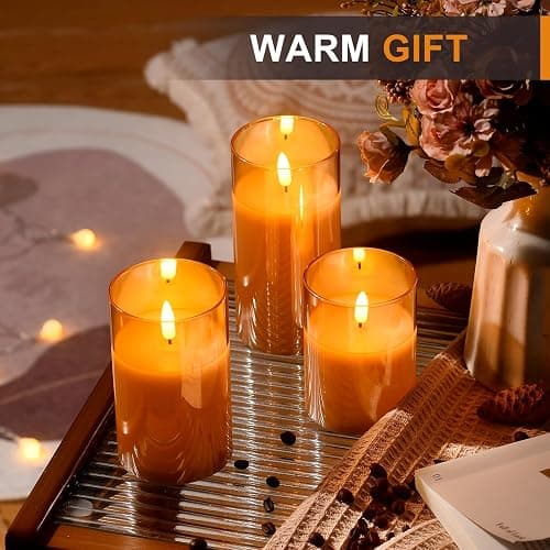 Tyawon Glass Battery Operated LED Flameless Candles with Remote and Timer, Real Wax Candles Warm Color Flickering Light for Festival Wedding Home Party Decor(Pack of 3)-Gold thumbnail 7