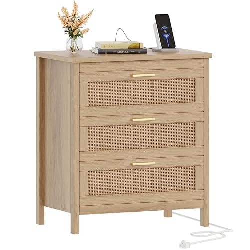 Keehusux Rattan Nightstand with Charging Station, 23.6" Wide Bedside Table with 3 Drawers, Boho Night Stand with Metal Handles, Accent End Table for Bedroom, Guest Room, Natural thumbnail 7