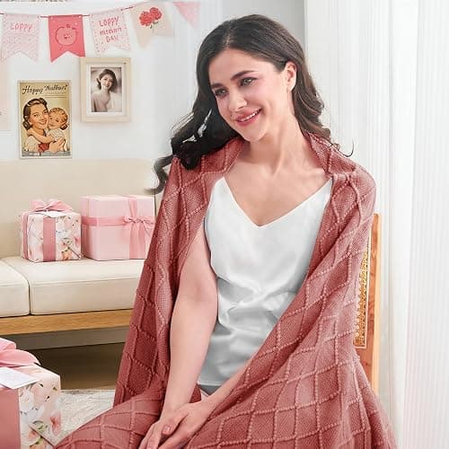 inhand Coral Pink Knitted Throw Blanket for Couch Bed, Mothers Day/Mom Birthday Gifts for Mom from Daughter Son, Soft Lightweight with Tassels, Farmhouse Warm Decorative Blanket for Women, 50"x60" thumbnail 3
