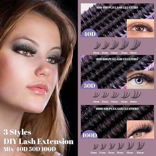 Ocean Pearl Cluster Lashes Kit 320PCS Individual Eyelashes 40D+50D+100D Eyelash Extension Kit 11-20mm False Eyelashes DIY Lash Extension Natural Lash Clusters with Super Bond&Seal&Remover&Tweezer-100D thumbnail 4
