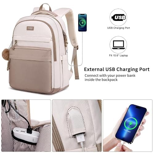 MOMUVO School Backpack Women and Teen Girls,Cute Bookbag Lightweight Laptop Backpack College SchoolBag Students - 15.6 inch - Khaki Beige thumbnail 3