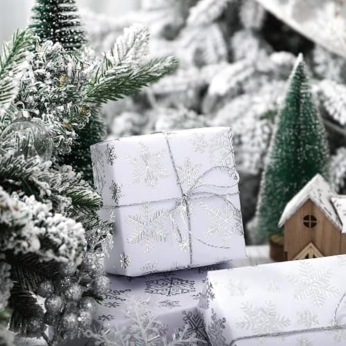 WRAPAHOLIC 3D Kraft Christmas Wrapping Paper Roll - Mini Roll - 17 Inch x 16.5 Feet - Silver and White Snowflake Wrapping Paper with Embossed Perfect for Christmas, Holiday, Party Celebration thumbnail 4