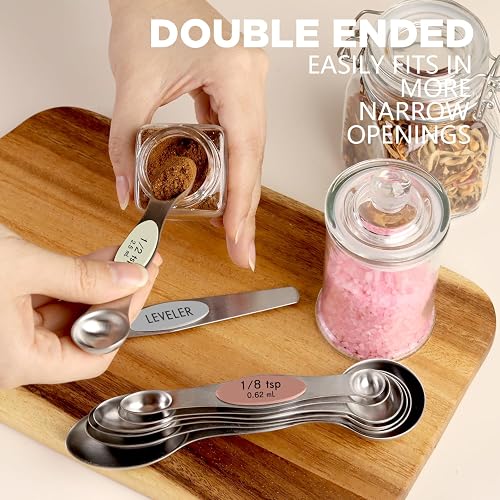 ChefAide Pack of 8 Stainless Steel Magnetic Measuring Spoons Set, Dual Sided, Stackable, Adjustable Teaspoon and Tablespoon Measure Spoon with Leveler, Kitchen Gadgets thumbnail 5